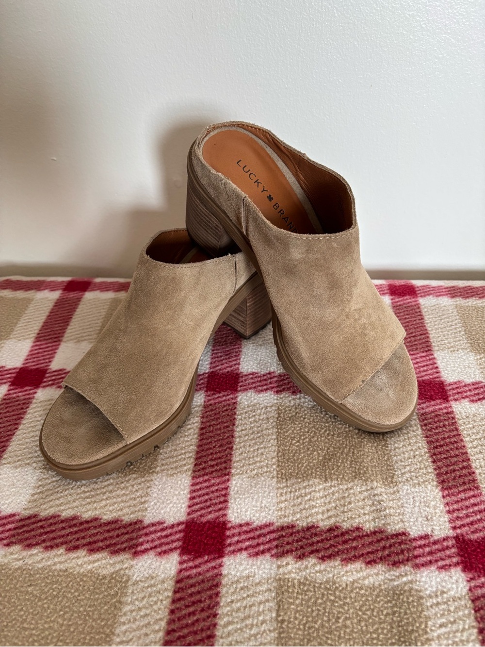 Lucky Brand Taupe Suede Open-Toe Block Heel Mules